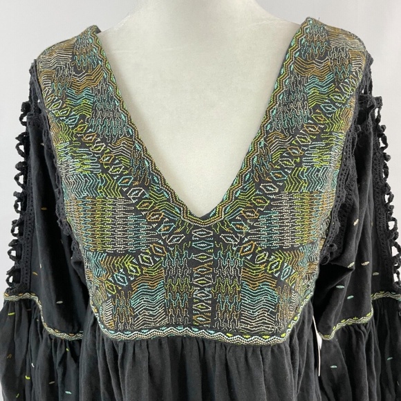 New Free People Much Love Embroidered Long Sleeve Tunic Top Washed Black Size XS - Picture 6 of 16